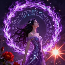 she dreams of arcs of purple flame intertwined with glowing sparks, glinting particles of ice, dramatic lighting, steampunk, secret holographic cyphers, red flowers, bright neon solar flares, high contrast, smooth, sharp focus, art nouveau, painting by Caravaggio and Yoshitaka Amano and ruan jia and greg rutkowski and Alphonse Mucha