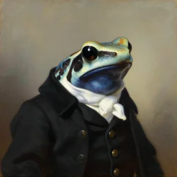 a head - and - shoulders portrait of an amazon milk frog wearing a black buttoned jacket with a white ascot, an american romanticism painting, a portrait painting, cgsociety, soft focus, oil on canvas