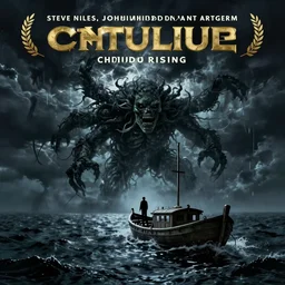 in the style of Steve Niles, Joshua Middleton and artgerm, Chtulhu rising from the water staring at a boat, Lovecraftian, ocean, night, storm,  lighting, terror, horror