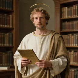 the divine gabe newell in a tunic and with a halo over his head stands in the paradise game library, holding a tablet with commandments, soft light, realism, maximum detail, high quality, good style study, depth of field, focus, a picture of classicism