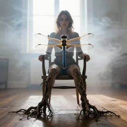 a photograph of a swedish woman dragonfly sitting in a wooden chair facing the camera. she has gnarled tree roots for her legs that grow into the floor. bright room, cinematic, smoke, bright, moody, smokey colored dramatic lighting