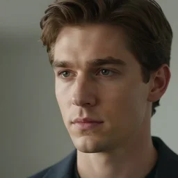 epic cinematic close up of a man in his 20s with brown hair, wearing a blue business suit and holding a briefcase, looking on confidently with explosions behind him, 4k