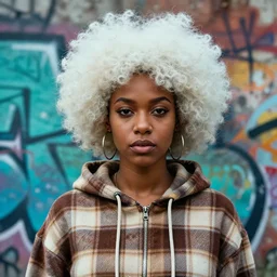 highly detailed portrait of a sewer punk african american lady, tartan hoody, white afro hair by atey ghailan, by greg rutkowski, by greg tocchini, by james gilleard, by joe fenton, by kaethe butcher, gradient cyan, brown, blonde cream and white color scheme, grunge aesthetic!!! ( ( graffiti tag wall background ) )