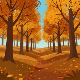 autumnal british woodland scene, 3d, cgi, vector graphics, undulating terrain, blue sky visible through the canopy, leaves on the ground, autumnal colours
