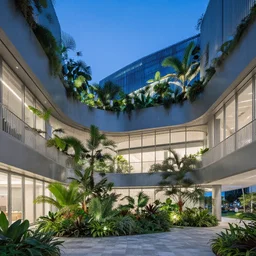 The atrium of a refurbished contemporary building filled with tropical plants, project by Kengo Kuma, blue hour, 4k,