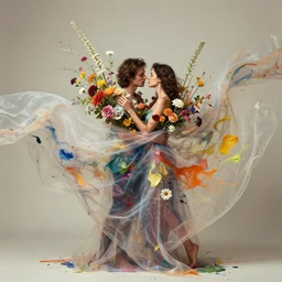 wide portrait of a beautiful couple caressing each other, abstract flower arrangement, sharing a flowy amazing translucent cloth, splatters of thick paint and flowers