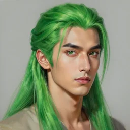 a portrait of green - haired avan jogia elven male long hair, clean - shaven vivid colors, photorealistic painting by mandy jurgens, trending on artstation, photorealism, detailed painting, behance hd, hyper realism