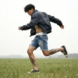 tattooed character wearing a jacket and ripped shorts running and dancing in a field, character sheet, character design, contrast, deep focus, turnaround, highly detailed, dramatic lighting, digital painting, artstation, concept art, matte, sharp focus, illustration, elegant, art by artgerm and greg rutkowski and alphonse mucha.
