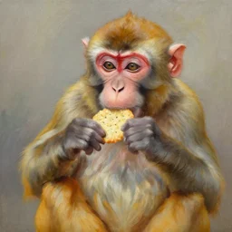 oil painting of a monkey eating rice crackers