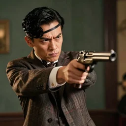 Photograph of a man with a stern look dressed in a 1920s attire. He is pointing a gun and seems mentally unstable. 4K, dramatic lighting
