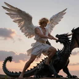 a beautiful male angel with curly blond hairs fighting a black dragon. in front of a cloudy sunset background. Cinematic pose. Soft light
