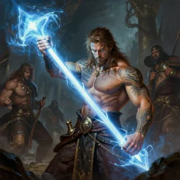 handsome tattooed gym bro cleric thunderclap magic spell vfx, diagonal spell vfx, fantasy game spell, fantasy epic painting by greg rutkowski, gaston bussiere, craig mullins, j. c. leyendecker, tom of finland