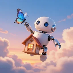 a robot house martin flying in the sky, sunset, mechanical cute butterfly, fluffy clouds, beautiful digital art, pixiv