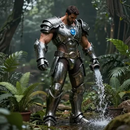 muscular man with steel armor watering plants, full body, realistic, ultra detail, 8k, Unreal Engine, Atmospheric