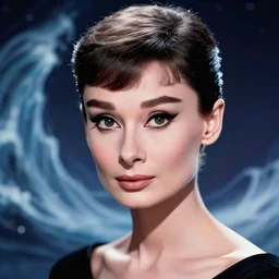 Audrey Hepburn as a Celestial Goddess of the Multiverse, close-up, seductive, rule of thirds, captivating look, award winning photo, unreal engine, studio lighting, highly detailed features, interstellar tsunami by James Jean
