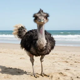 portait of human ostrich hybrid at the beach, photograph by annie leibovitz