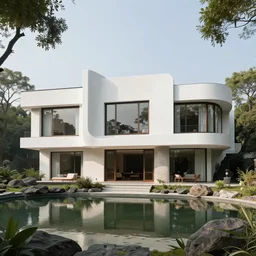 a beautiful contemporary masterpiece modern brutalist art nouveau mansion villa with large windows, on a lake, surrounded by trees and rocks, in central india, by alex webb, by gregory crewdson, featured on architecture daily, shot on large format film, 1 2 0 0 iso, grainy, cinematic composition, beautiful lighting, no frames