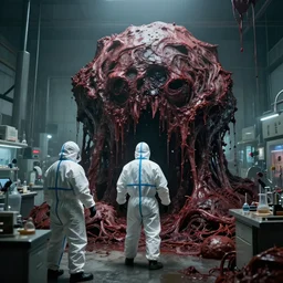 a huge horrific flesh blob grows out of control in a grungy science lab, horror movie scene, a man in a hazmat suit