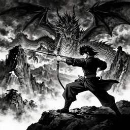 archer fighting a dragon under the night sky in front of the mountains. dark fantasy style. epic fight. digital art. black and white. by kentaro miura