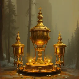 a beautiful painting of old golden samovars of russian empire, by hieronymus bosch and sergey prokudin - gorsky and simon stalenhag, character concept art, matte painting, heavy metal magazine, trending on artstation