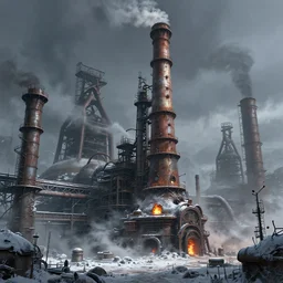 highly detailed concept art of monumental chimney of the huge steelworks in the steampunk underground city/factory trending on Artstation by Daniel Dociu and Greg Rutkowski, high quality, dieselpunk, architecture, frostpunk, steampunk industrial area, pollution and smoke, rusty, heat and steam, ultra detailed, ultra realistic, dystopia