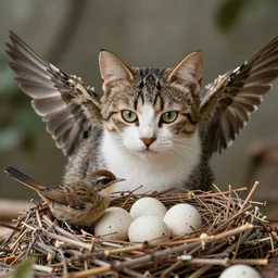 An exotic shorthair cat guarding it's eggs in a nest with a wren, nest is made of sticks. the cat has wings, feathers wings, documentary,  national geographic, odd, depth of field, photorealistic