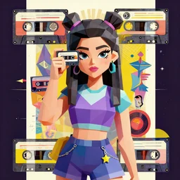 portrait of a lowpoly rave girl with wearing musicassette, surreal dada collage poster art by kurt schwitters james jean liam brazier victo ngai tristan eaton