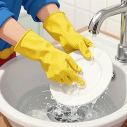 superman wearing yellow rubber gloves to wash dishes, highly detailed, digital art, sharp focus, trending on art station, anime art style