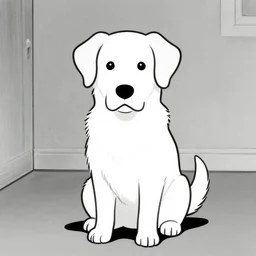 a still frame illustration, one dog sitting in an empty room, centered composition, closeup new yorker illustration, vector graphics, lineart, manga, tadanori yokoo, smooth, ink, roy lichtenstein, american comics, studio ghibli, greyscale