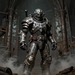 character portrait of an individual in doom slayer armor from doom 2 0 1 6 in a gothic church!!!, rusty metal walls, broken pipes, dark colors, muted colors, tense atmosphere, mist floats in the air, amazing value control, muted colors, moody colors, dramatic lighting, in the style of frank frazetta, doom video game