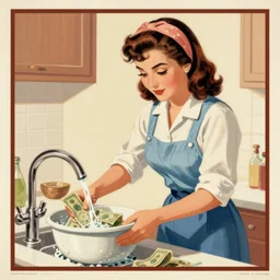 a vintage poster of a 1 9 5 0's house wife washing money