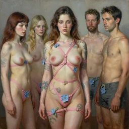 pop surrealism, lowbrow art, realistic seductive cute woman with tattoos painting, pink body harness, japanese shibari with blue flowers, hyper realism, muted colours, rococo, natalie shau, loreta lux, tom bagshaw, mark ryden, trevor brown style,