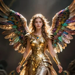 a beautiful portrait of grace elizabeth as an angel with wings and peacock feathers, multi color wings, detailed golden armor, beautiful lighting, cinematic
