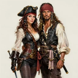 couple in love. fully clothed armed female pirate captain, rachel wall, with a male pirate partner, sun, summer, blue eyes, beauty, wisdom, love, strength, knowledge, smart, portrait, symmetrical, highly detailed, digital painting, artstation, smooth, sharp focus, illustration, strength, art nouveau. 8 k