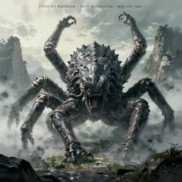a giant monster with many limbs crawling across a misty mountainous landscape, dramatic lighting, illustration by francois baranger, greg rutkowski, yoji shinkawa, 4 k, digital art, concept art, trending on artstation