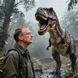 walter white scared as he watches the tyrannosaurus break out in jurassic park, intricate detail, very realistic, movie still, rain, atmospheric, gritty, sharp focus, dramatic,