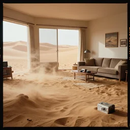 kodak portra 4 0 0 photographic and realistic, interior of a living room, detailed, octane render, unreal engine, 4 k, artstation, hyper realistic, wide angle, floor flooded with sahara sand, desert, large dunes, wind swept, objects partially buried, 3 5 mm, sharp focus, soft light, volumetric light, in the style of gregory crewdson