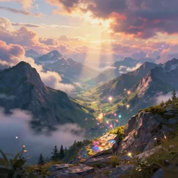 view from a high mountain down into a beautiful fantasy alps landscape, high colorful clouds, magical glowing spores, warm lighting, godrays, magnificent, colorful reflections, light diffusion, subsurface scattering, diffuse lighting, luxury, detailed, sharp focus, close up, close - up, high detail, volumetric, illustration, digital art, concept art, by jordan grimmer and greg rutkowski, trending on artstation, pixiv