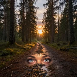 sunset nordic forest, sparkling spirits, detailed wide shot, crayon, ground detailed, wet eyes reflecting into eyes reflecting into infinity, beautiful lighting