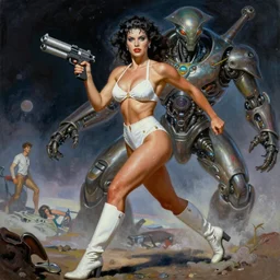 A mixed media portrait painting of a beautiful woman running on an alien planet, very curvy, aesthetic! high-waisted white-bikini-armor and boots, holding a ray-gun, aesthetic symmetrical face and eyes, model, wet, pacific-rim-mech in background, by Frank Frazetta, Boris Vallejo, Beeple, Greg Rutkowski, Christian MacNevin, eighties-pinup style, epic fantasy character art, high fantasy, CGsociety, exquisite detail, post-processing, masterpiece, cinematic
