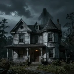 realistic photograph of a creepy house with a poltergeist