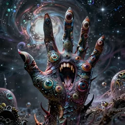 a monster in the shape of a screaming hand, it has several eyes and scales, psychedelic surreal cosmic horror