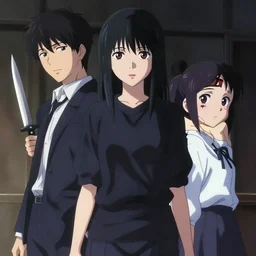 artgerm, joshua middleton, loish, makoto shinkai, samara weaving as slasher, horror movie, slasher movie, knife, black hair