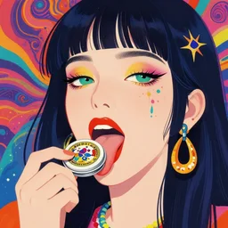 a colorful vibrant closeup portrait of a Girl Rock Star licking a tab of LSD acid on his tongue and dreaming psychedelic hallucinations, by kawase hasui, moebius, Edward Hopper and James Gilleard, Zdzislaw Beksinski, Steven Outram colorful flat surreal design, hd, 8k, artstation