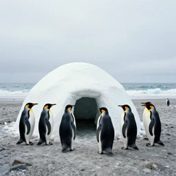 penguins building an igloo on the beach, 33mm photo