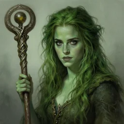 portrait of emma watson as a swamp witch, green colored skin, green hair, holding a caduceus staff, messy hair, deep focus, d & d, fantasy, intricate, elegant, highly detailed, digital painting, artstation, concept art, matte, sharp, illustration, hearthstone, art by artgerm and greg rutkowski and alphonse mucha