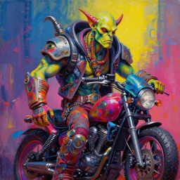 an apocalyptic scifi orcish biker character, psychedelic vibrant colors, futuristic punk rock fashion, oil painting by michael whelan art, sharp focus, realistic, 8 k