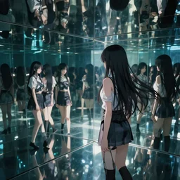 wide shot of an anime styled girl looking in the infinitely repeating reflection of herself in the mirror of eternity, very dramatic digital art, beautiful composition, trending on art station