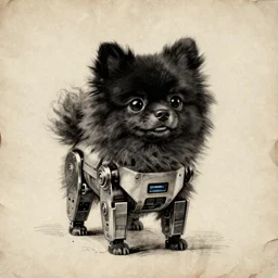 a cute black pomeranian robot dog!!! ( ( ( alcohol ink on parchment, muted colors, shading!!!, detailed, textured parchment background, 1 9 5 0 s concept art ) ) )