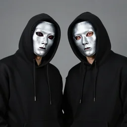 two guys dressed in black hoodies wearing silver masks with red eyes